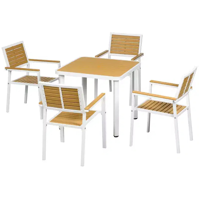 Outsunny Set da 5 Pezzi Tavolo e Sedie da Esterno, Set da Pranzo per Patio in Alluminio per 4 Persone con Tavolo da Pranzo in HDPE con Foro per Ombrellone Giallo