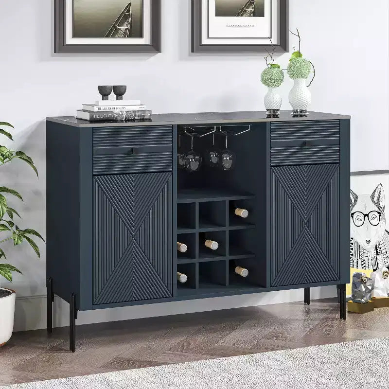 Mobile bar da 42" con motivo a trama e ripiano in marmo -