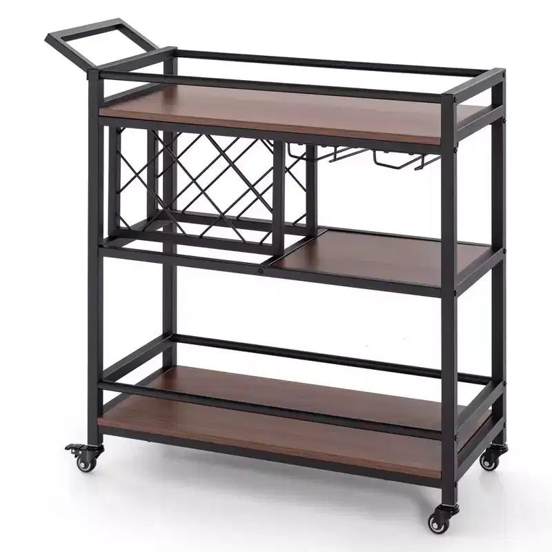Carrello bar a 3 ripiani su ruote, carrello da cucina con portabottiglie e portacalici, marrone rustico/marrone