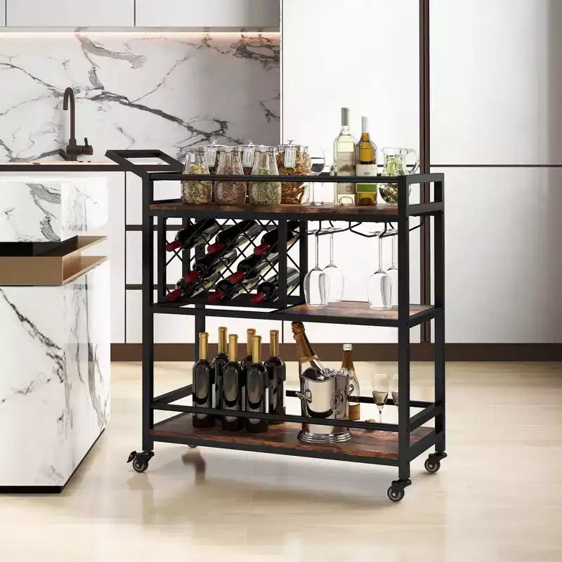 Carrello bar a 3 ripiani su ruote, carrello da cucina con portabottiglie e portacalici, marrone rustico/marrone
