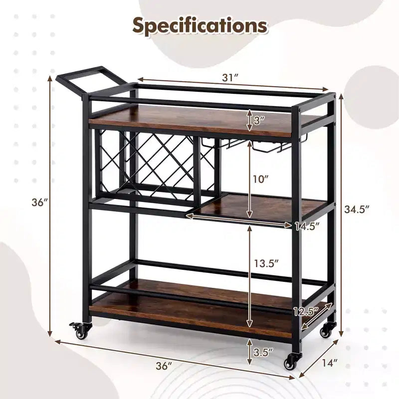 Carrello bar a 3 ripiani su ruote, carrello da cucina con portabottiglie e portacalici, marrone rustico/marrone