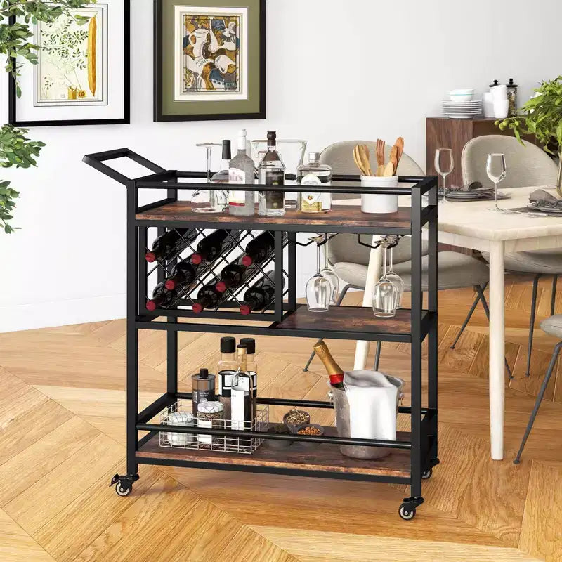 Carrello bar a 3 ripiani su ruote, carrello da cucina con portabottiglie e portacalici, marrone rustico/marrone