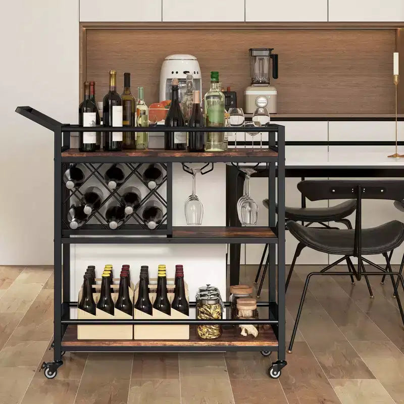 Carrello bar a 3 ripiani su ruote, carrello da cucina con portabottiglie e portacalici, marrone rustico/marrone