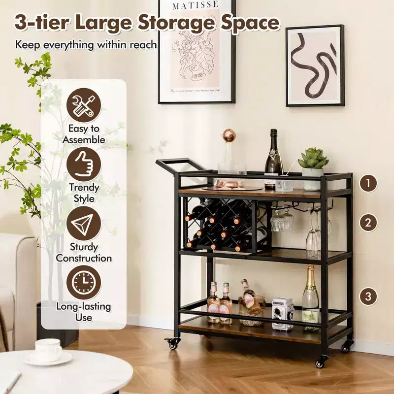 Carrello bar a 3 ripiani su ruote, carrello da cucina con portabottiglie e portacalici, marrone rustico/marrone