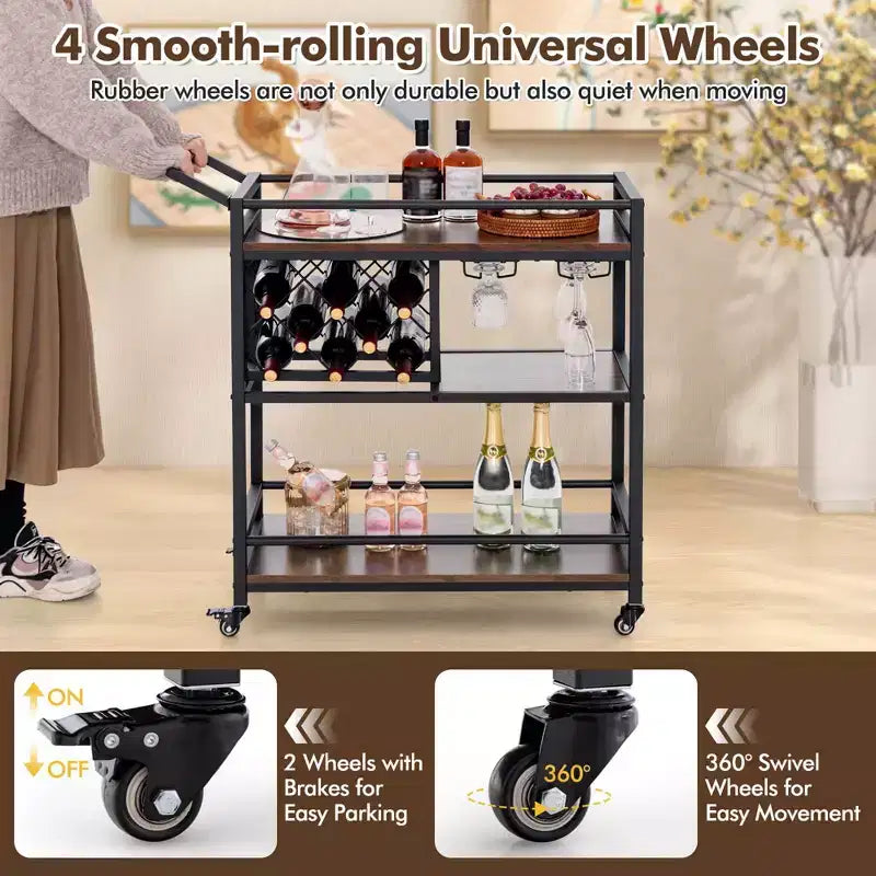 Carrello bar a 3 ripiani su ruote, carrello da cucina con portabottiglie e portacalici, marrone rustico/marrone