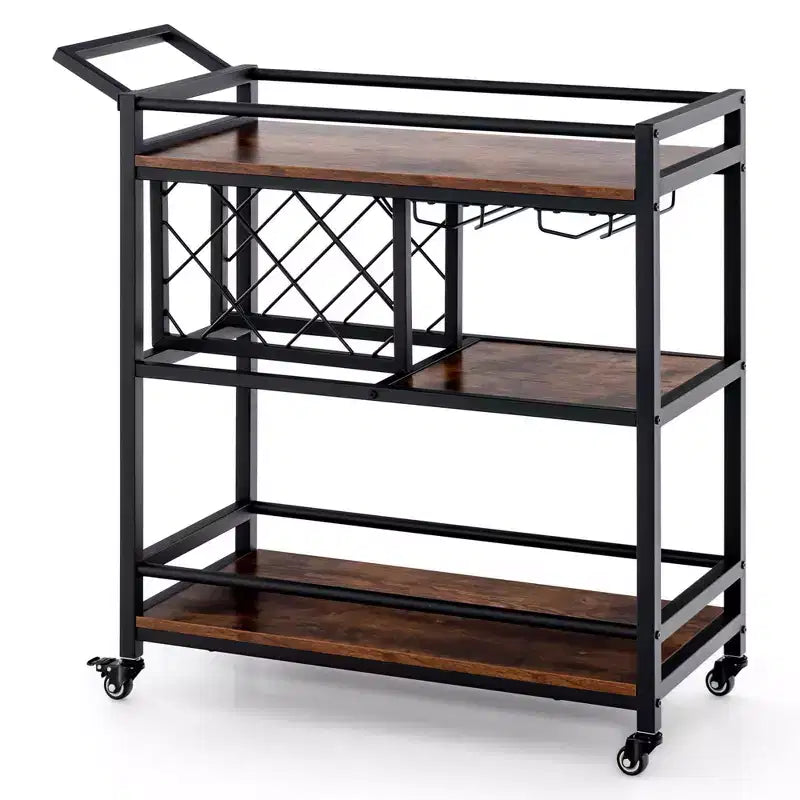 Carrello bar a 3 ripiani su ruote, carrello da cucina con portabottiglie e portacalici, marrone rustico/marrone