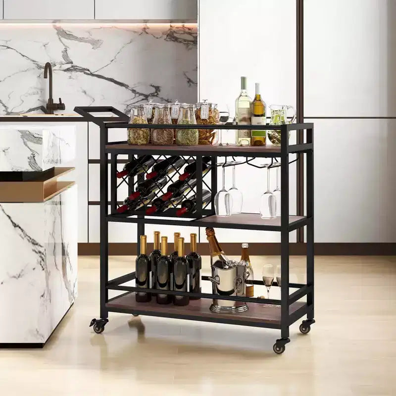 Carrello bar a 3 ripiani su ruote, carrello da cucina con portabottiglie e portacalici, marrone rustico/marrone