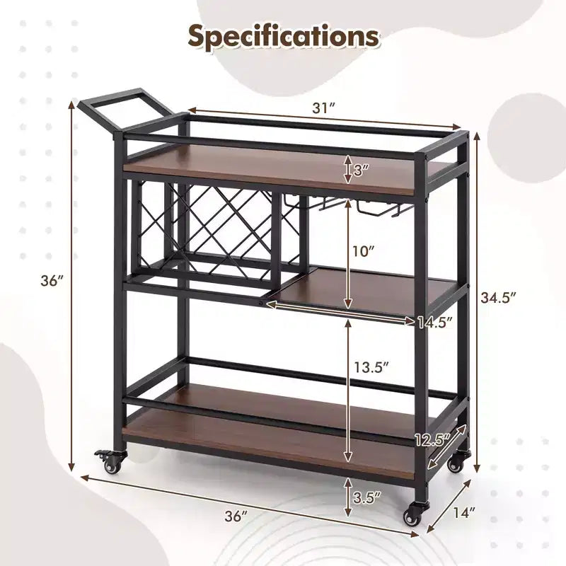 Carrello bar a 3 ripiani su ruote, carrello da cucina con portabottiglie e portacalici, marrone rustico/marrone