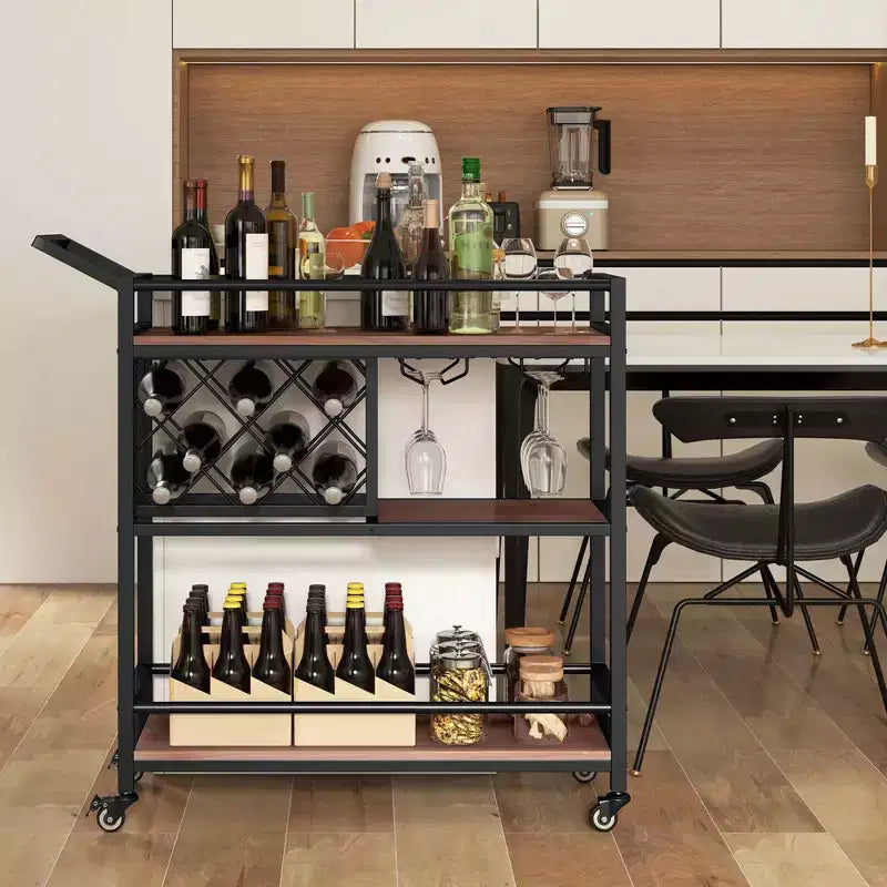 Carrello bar a 3 ripiani su ruote, carrello da cucina con portabottiglie e portacalici, marrone rustico/marrone