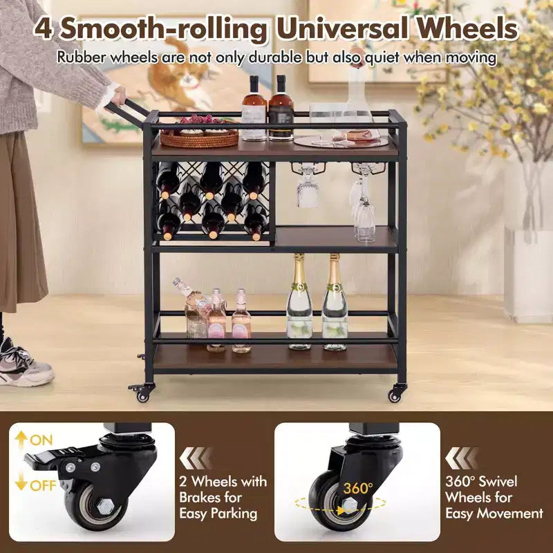 Carrello bar a 3 ripiani su ruote, carrello da cucina con portabottiglie e portacalici, marrone rustico/marrone