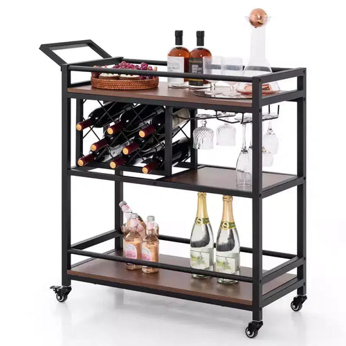 Costway 3-tier Bar Cart on Wheels Home Kitchen Serving Cart with Wine Rack & Glass Holder Rustic Brown/Brown