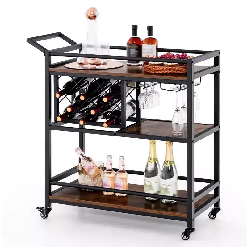 Carrello bar a 3 ripiani su ruote, carrello da cucina con portabottiglie e portacalici, marrone rustico/marrone