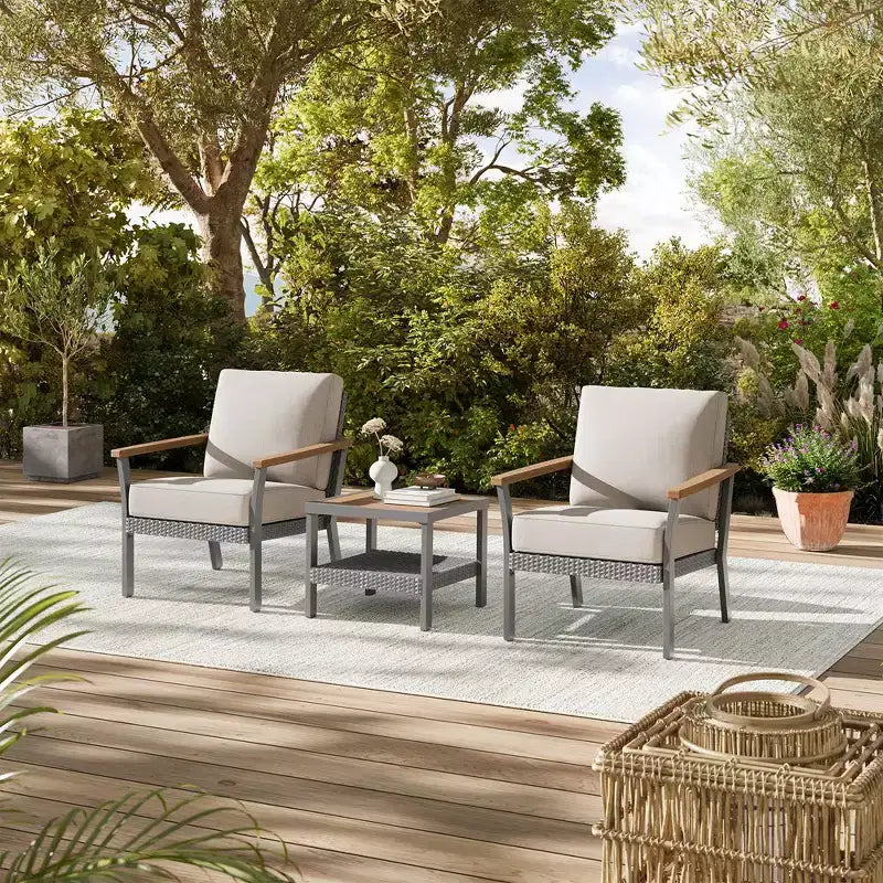 SONGMICS HOME Collezione Sencillo - Set di mobili da giardino in 3 pezzi, 2 sedie a sdraio e 1 tavolino da caffè, Mobili da esterno, Grigio e Beige
