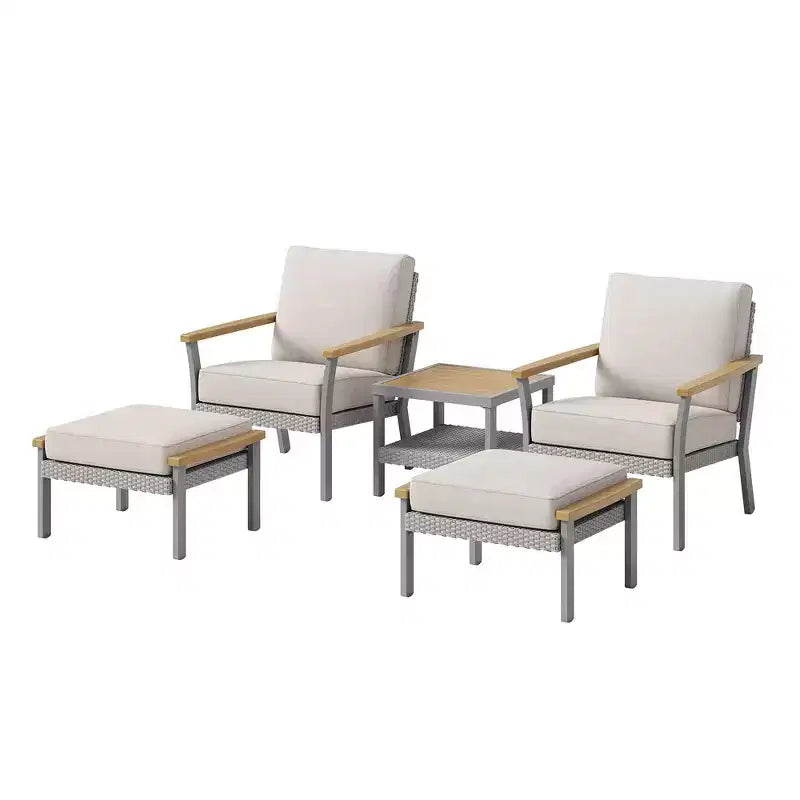 SONGMICS HOME Sencillo Collection - 5 Piece Patio Furniture Set, 2 Lounge Chairs, 2 Ottomans, 1 Coffee Table, Outdoor Furniture, Gray and Beige