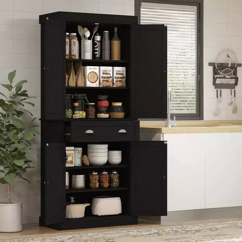 Dispensa tradizionale indipendente da cucina da 183 cm con 2 ante, cassetto e ripiani regolabili, colore nero venato
