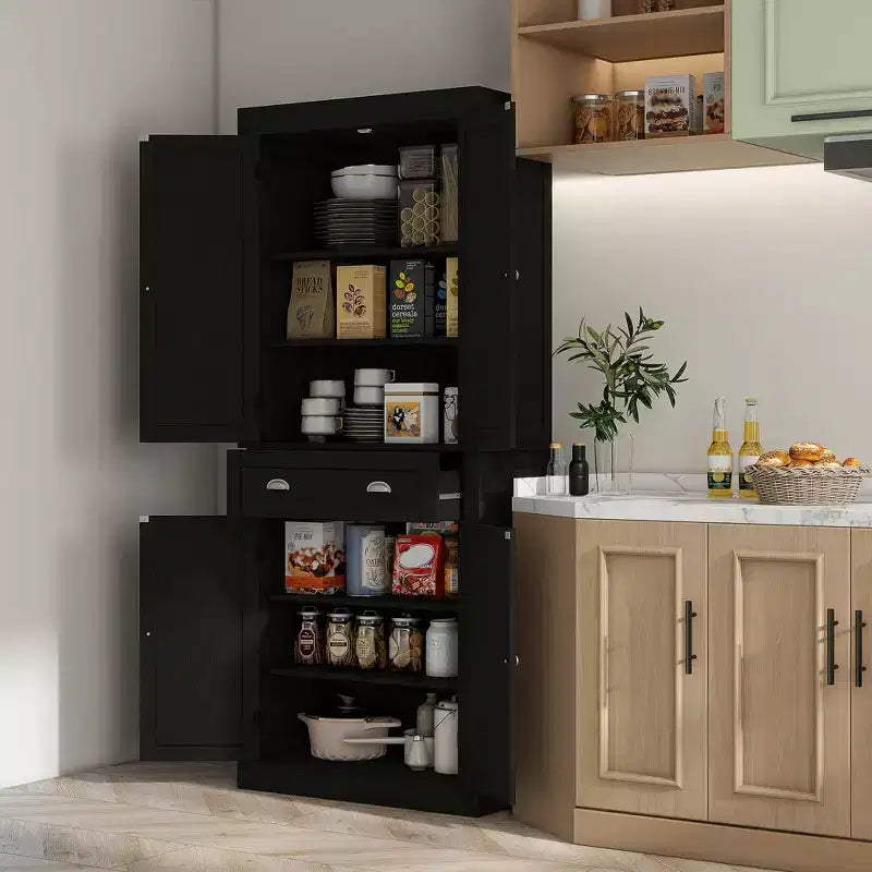 Dispensa tradizionale indipendente da cucina da 183 cm con 2 ante, cassetto e ripiani regolabili, colore nero venato