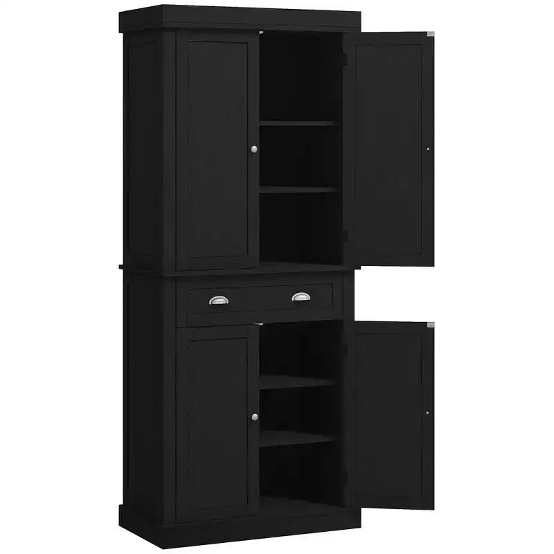 Dispensa tradizionale indipendente da cucina da 183 cm con 2 ante, cassetto e ripiani regolabili, colore nero venato