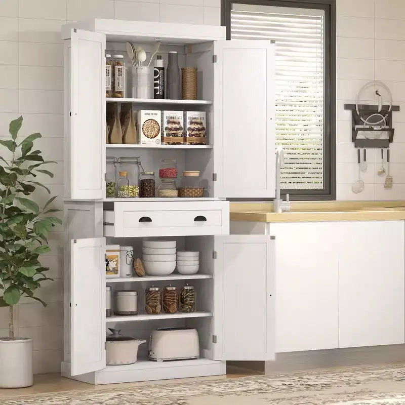 Dispensa tradizionale indipendente da cucina da 183 cm con 2 ante, cassetto e ripiani regolabili, colore nero venato