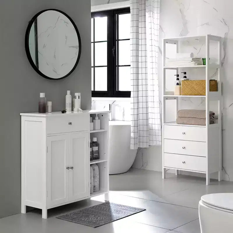 Mobiletto per pavimento, mobiletto indipendente con cassetto, 3 scomparti aperti, ripiani regolabili, bianco opaco