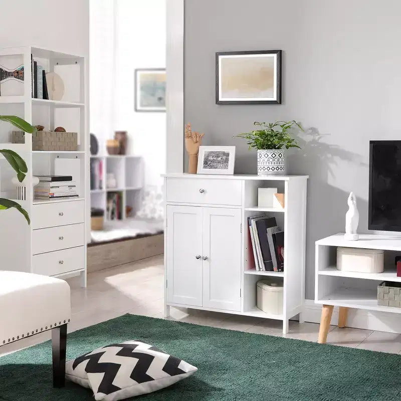 Mobiletto per pavimento, mobiletto indipendente con cassetto, 3 scomparti aperti, ripiani regolabili, bianco opaco