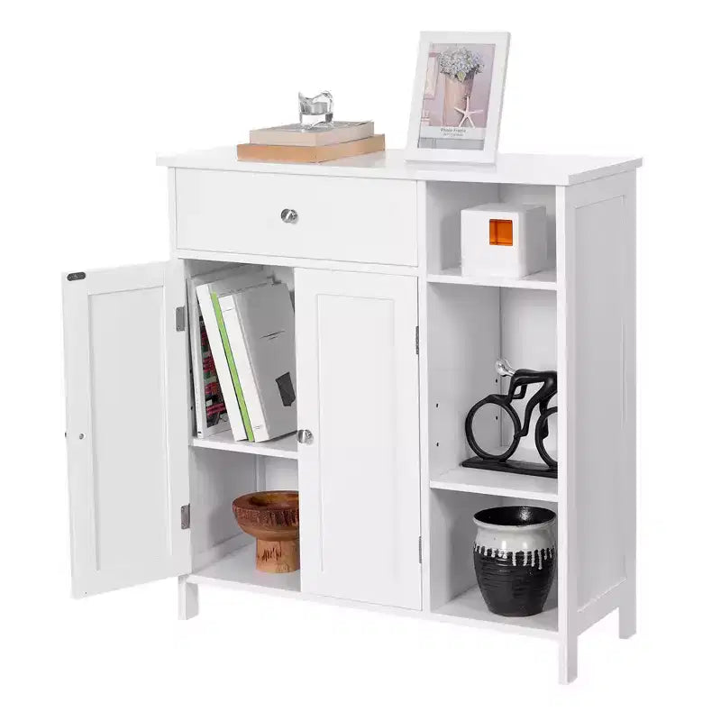 Mobiletto per pavimento, mobiletto indipendente con cassetto, 3 scomparti aperti, ripiani regolabili, bianco opaco