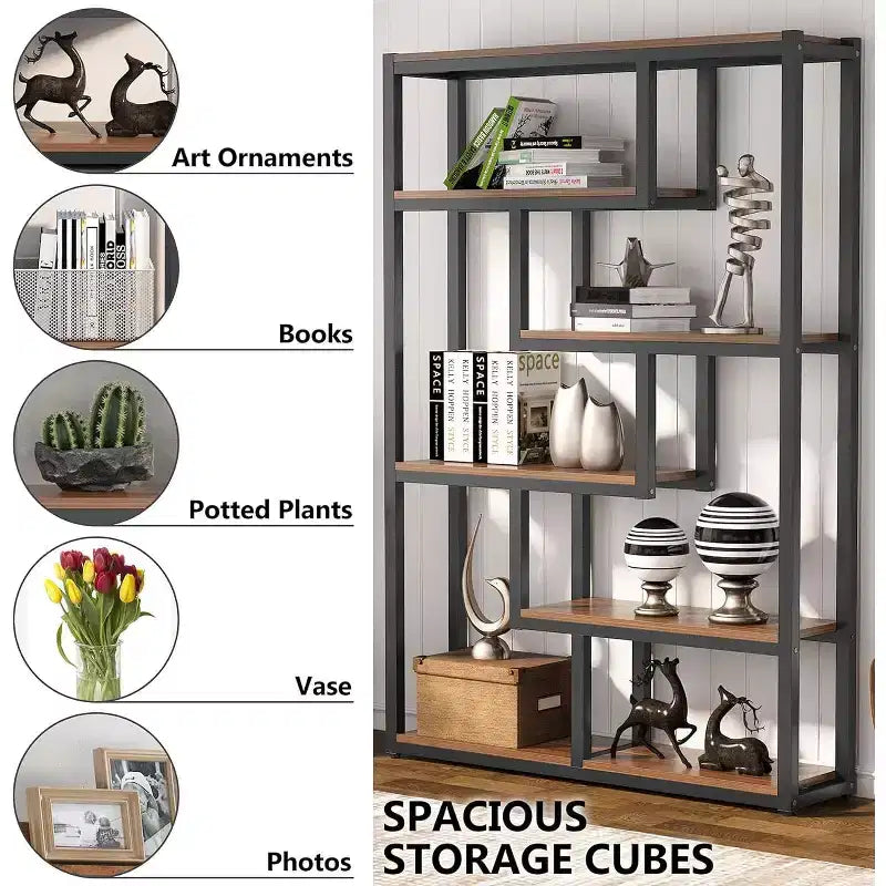 69 Libreria a 6 Ripiani, Mobile Contenitore Espositivo Stile Vintage con Scaffali Sfalsati