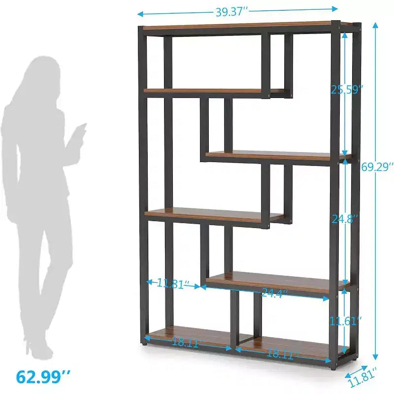 69 Libreria a 6 Ripiani, Mobile Contenitore Espositivo Stile Vintage con Scaffali Sfalsati