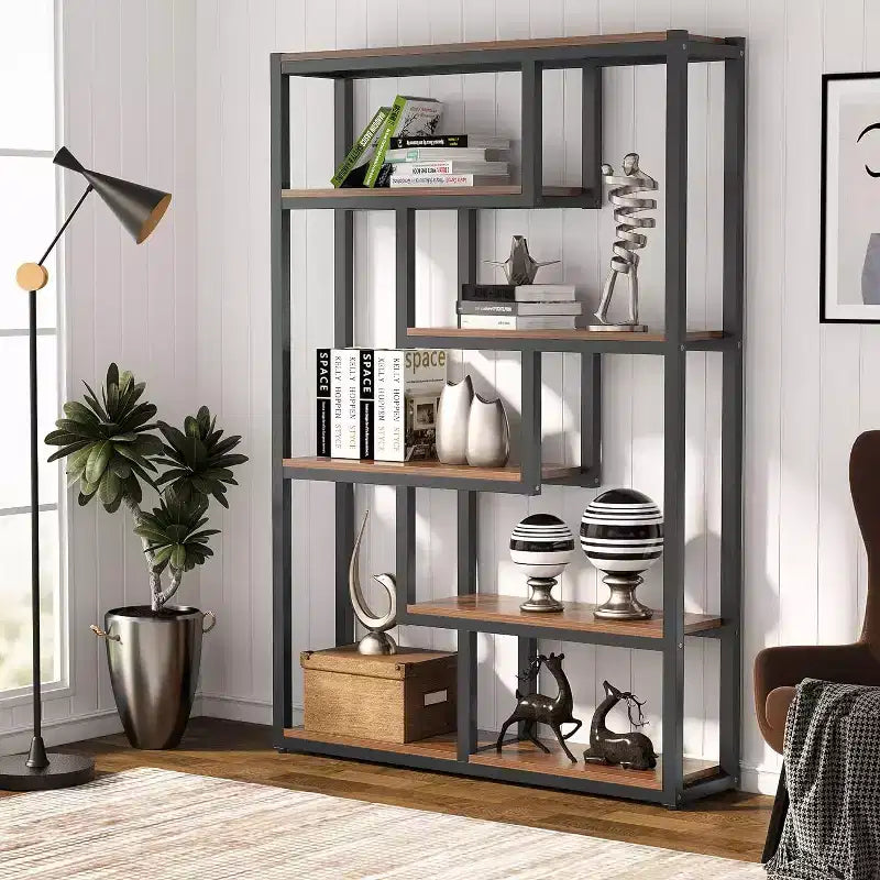 69 Libreria a 6 Ripiani, Mobile Contenitore Espositivo Stile Vintage con Scaffali Sfalsati