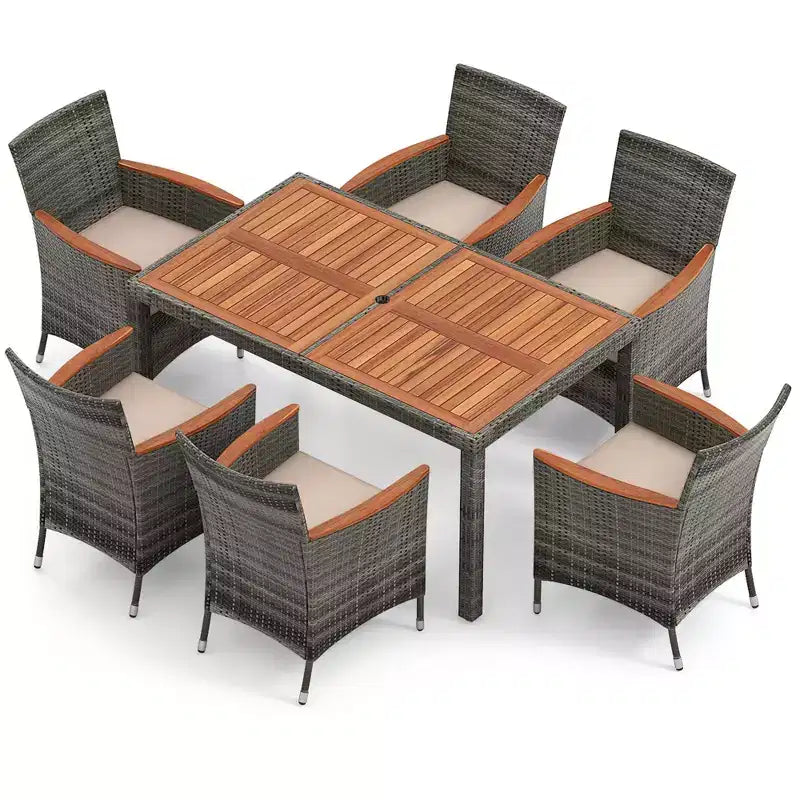 Costway Set da Pranzo da Esterno in Rattan 7 Pezzi con Tavolo in Legno di Acacia e 6 Poltrone