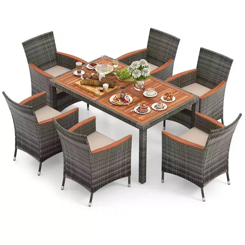 Costway Set da Pranzo da Esterno in Rattan 7 Pezzi con Tavolo in Legno di Acacia e 6 Poltrone