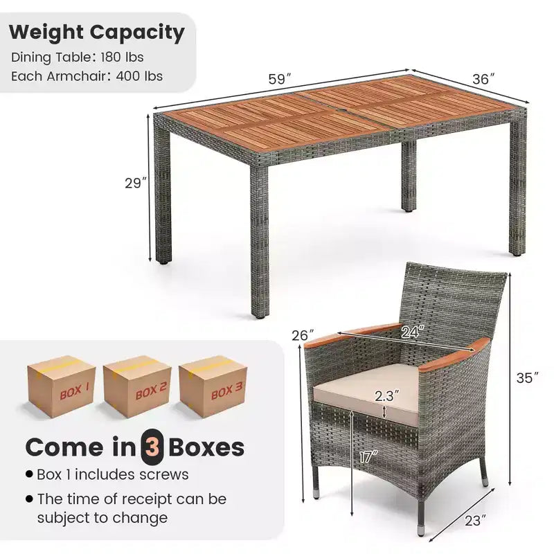 Costway Set da Pranzo da Esterno in Rattan 7 Pezzi con Tavolo in Legno di Acacia e 6 Poltrone