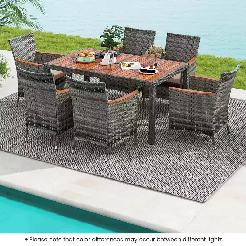 Costway Set da Pranzo da Esterno in Rattan 7 Pezzi con Tavolo in Legno di Acacia e 6 Poltrone
