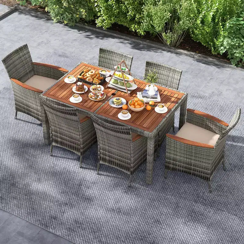 Costway Set da Pranzo da Esterno in Rattan 7 Pezzi con Tavolo in Legno di Acacia e 6 Poltrone