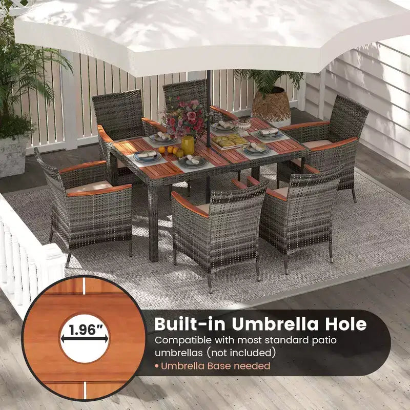 Costway Set da Pranzo da Esterno in Rattan 7 Pezzi con Tavolo in Legno di Acacia e 6 Poltrone