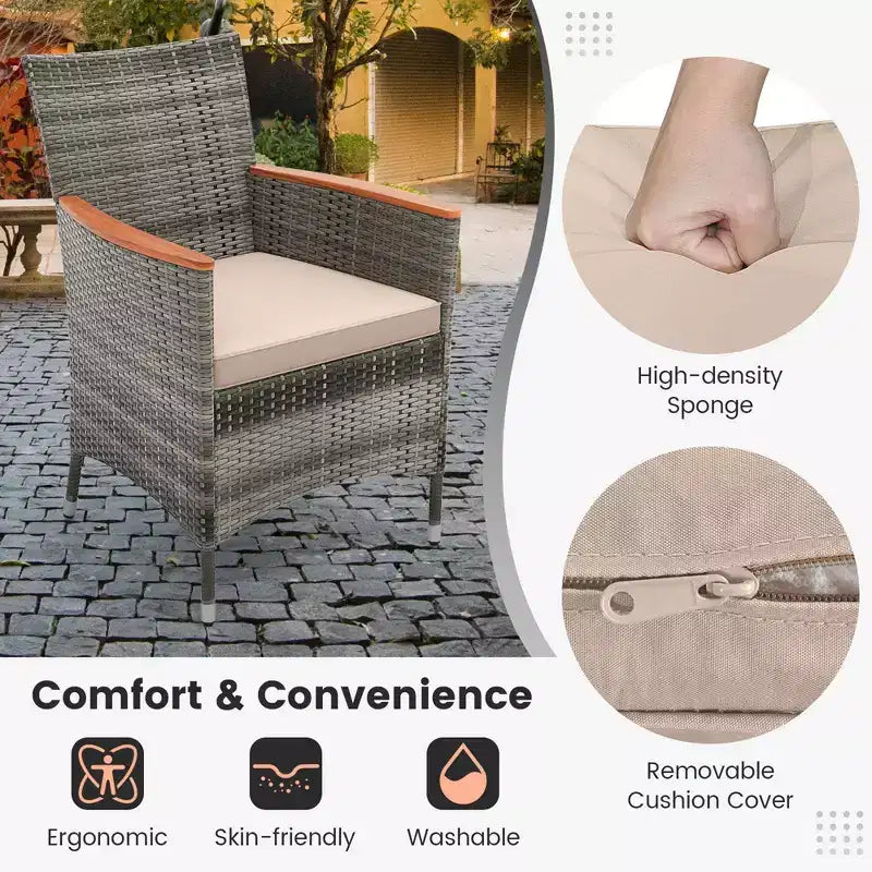 Costway Set da Pranzo da Esterno in Rattan 7 Pezzi con Tavolo in Legno di Acacia e 6 Poltrone