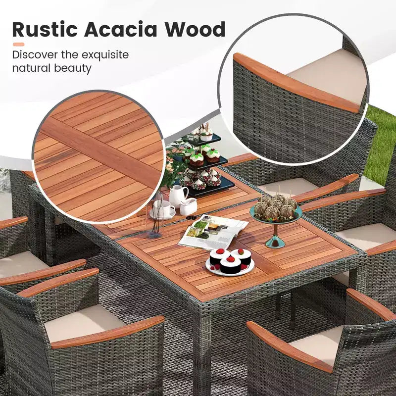 Costway Set da Pranzo da Esterno in Rattan 7 Pezzi con Tavolo in Legno di Acacia e 6 Poltrone