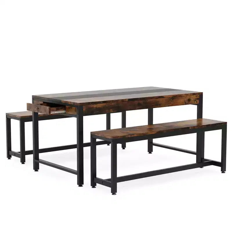 Tribesigns Dining Table Set, Kitchen Breakfast Table with 2 Benches & Sided Drawer for 4-6 People