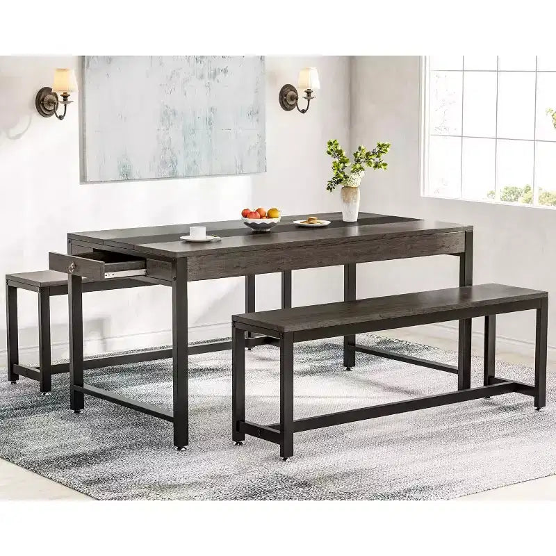 Set Tavolo da Pranzo Tribesigns, Tavolo da Colazione da Cucina con 2 Panche e Cassetto Laterale per 4-6 Persone