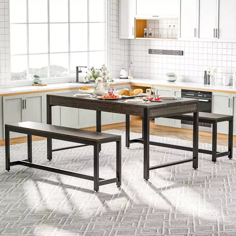Set Tavolo da Pranzo Tribesigns, Tavolo da Colazione da Cucina con 2 Panche e Cassetto Laterale per 4-6 Persone