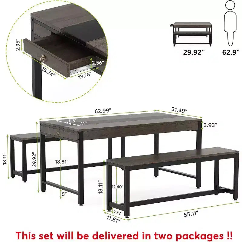Set Tavolo da Pranzo Tribesigns, Tavolo da Colazione da Cucina con 2 Panche e Cassetto Laterale per 4-6 Persone