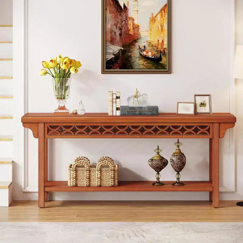 Consolle lunga in legno massello da 70,8 pollici, tavolino da divano rustico con contenitore, tavolino da divano stretto per soggiorno, ingresso, corridoio