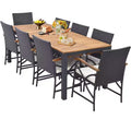 Costway 9 PCS Patio Rattan Dining Set with Acacia Wood Table, Cushions, 1.9 Umbrella Hole