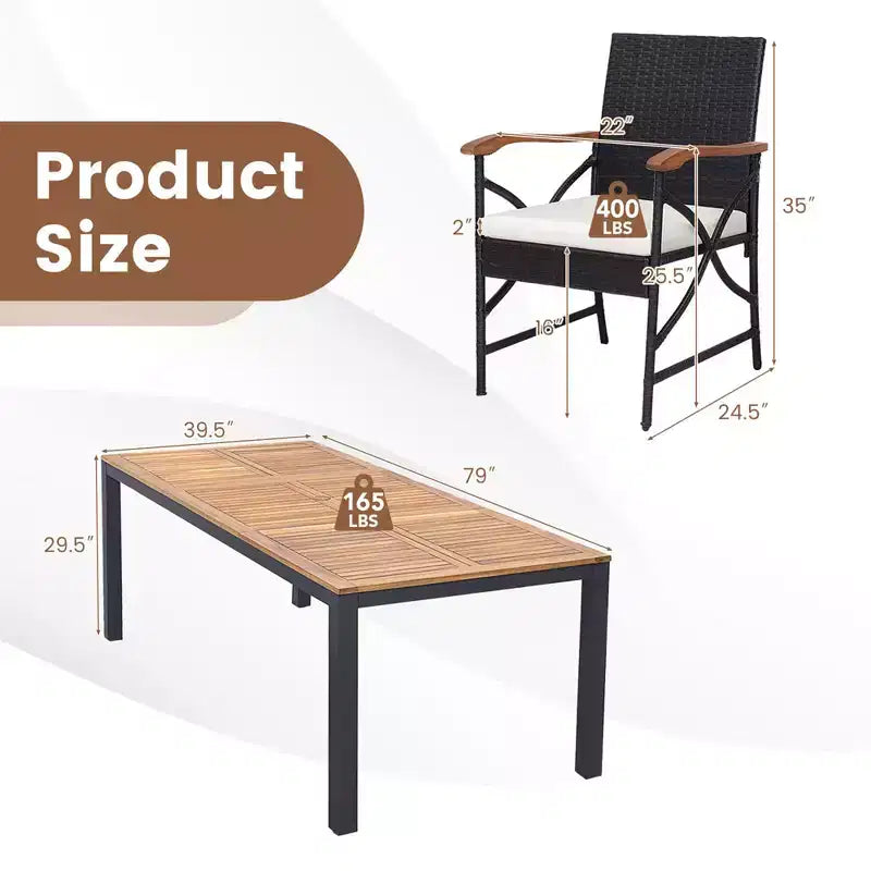 Set da Pranzo Costway 9 Pezzi in Rattan da Esterno con Tavolo in Legno di Acacia, Cuscini, Foro per Ombrellone da 1,9