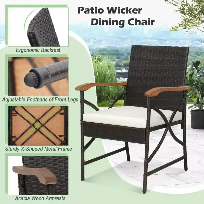 Set da Pranzo Costway 9 Pezzi in Rattan da Esterno con Tavolo in Legno di Acacia, Cuscini, Foro per Ombrellone da 1,9