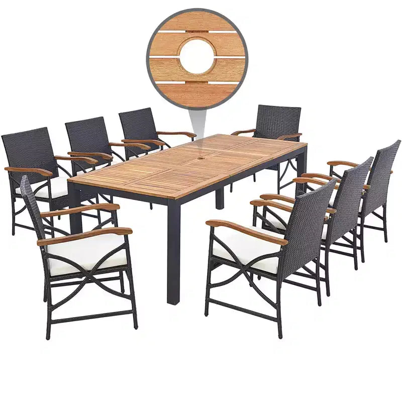 Set da Pranzo Costway 9 Pezzi in Rattan da Esterno con Tavolo in Legno di Acacia, Cuscini, Foro per Ombrellone da 1,9