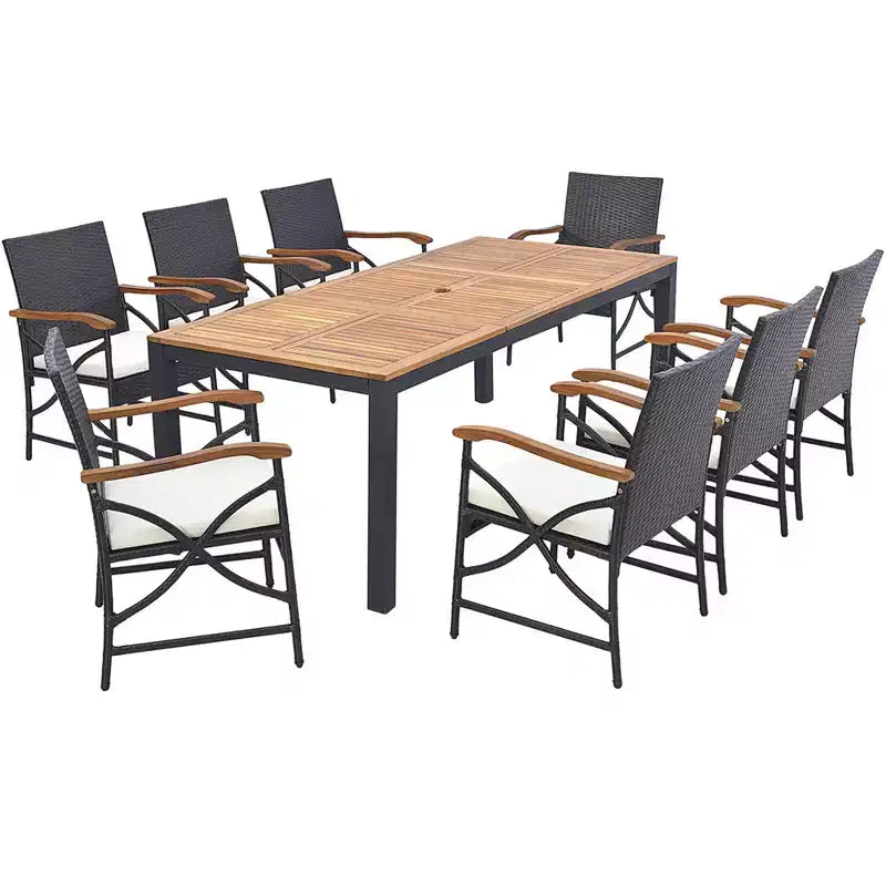 Set da Pranzo Costway 9 Pezzi in Rattan da Esterno con Tavolo in Legno di Acacia, Cuscini, Foro per Ombrellone da 1,9