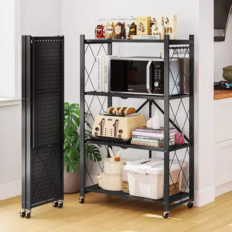 Scaffale portaoggetti pieghevole a 4 ripiani con ruote, portata 272 kg, nessun assemblaggio richiesto, in acciaio, colore nero