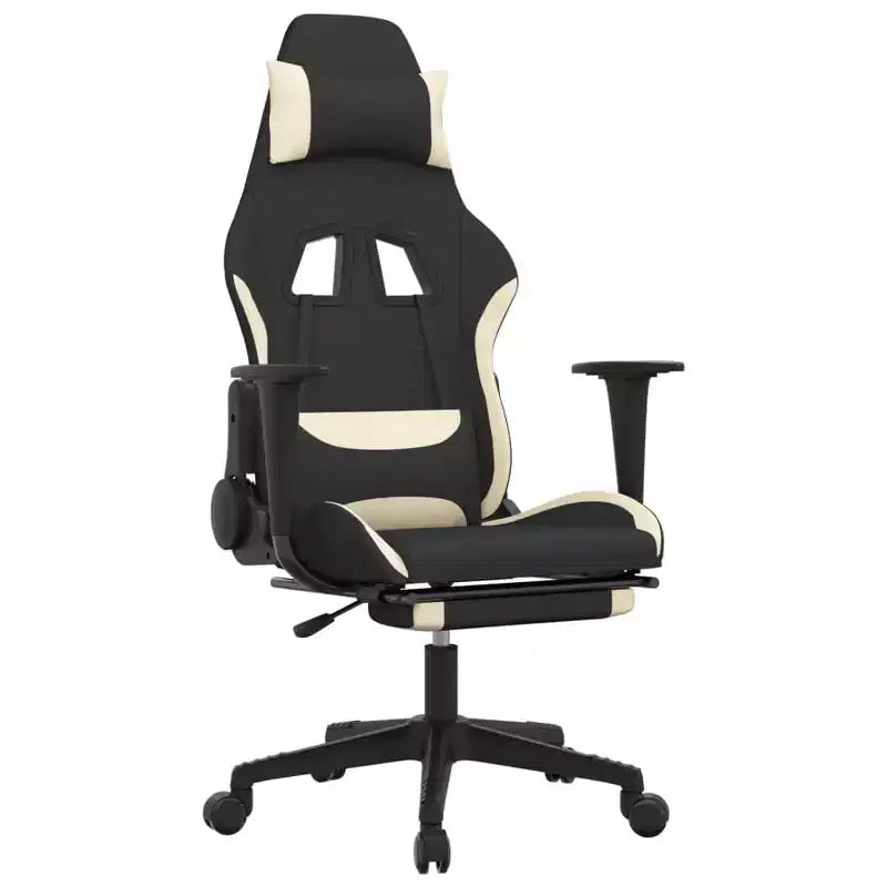 Sedia da gaming massaggiante con poggiapiedi, nera e crema, in tessuto