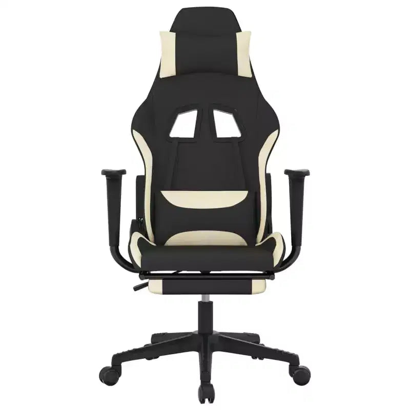Sedia da gaming massaggiante con poggiapiedi, nera e crema, in tessuto