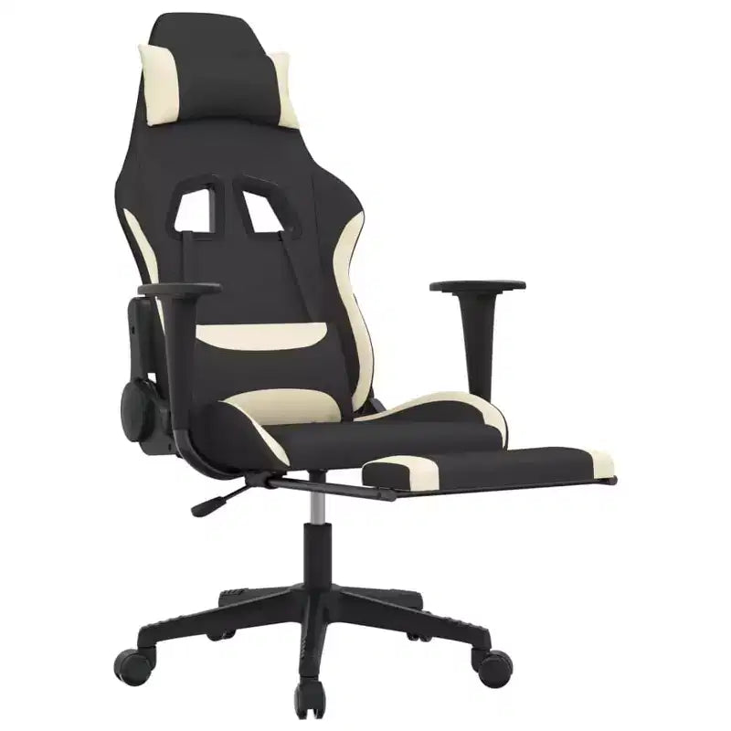 Sedia da gaming massaggiante con poggiapiedi, nera e crema, in tessuto